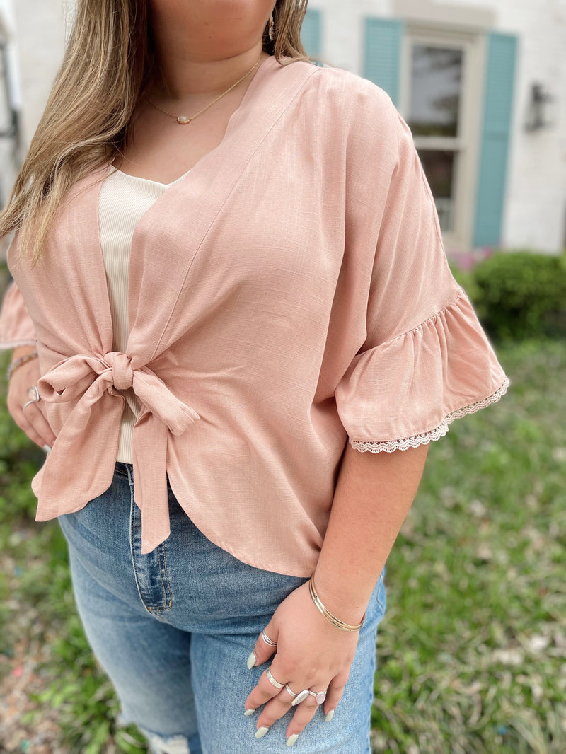 Versatile Tie Front Kimono/Top-Pink