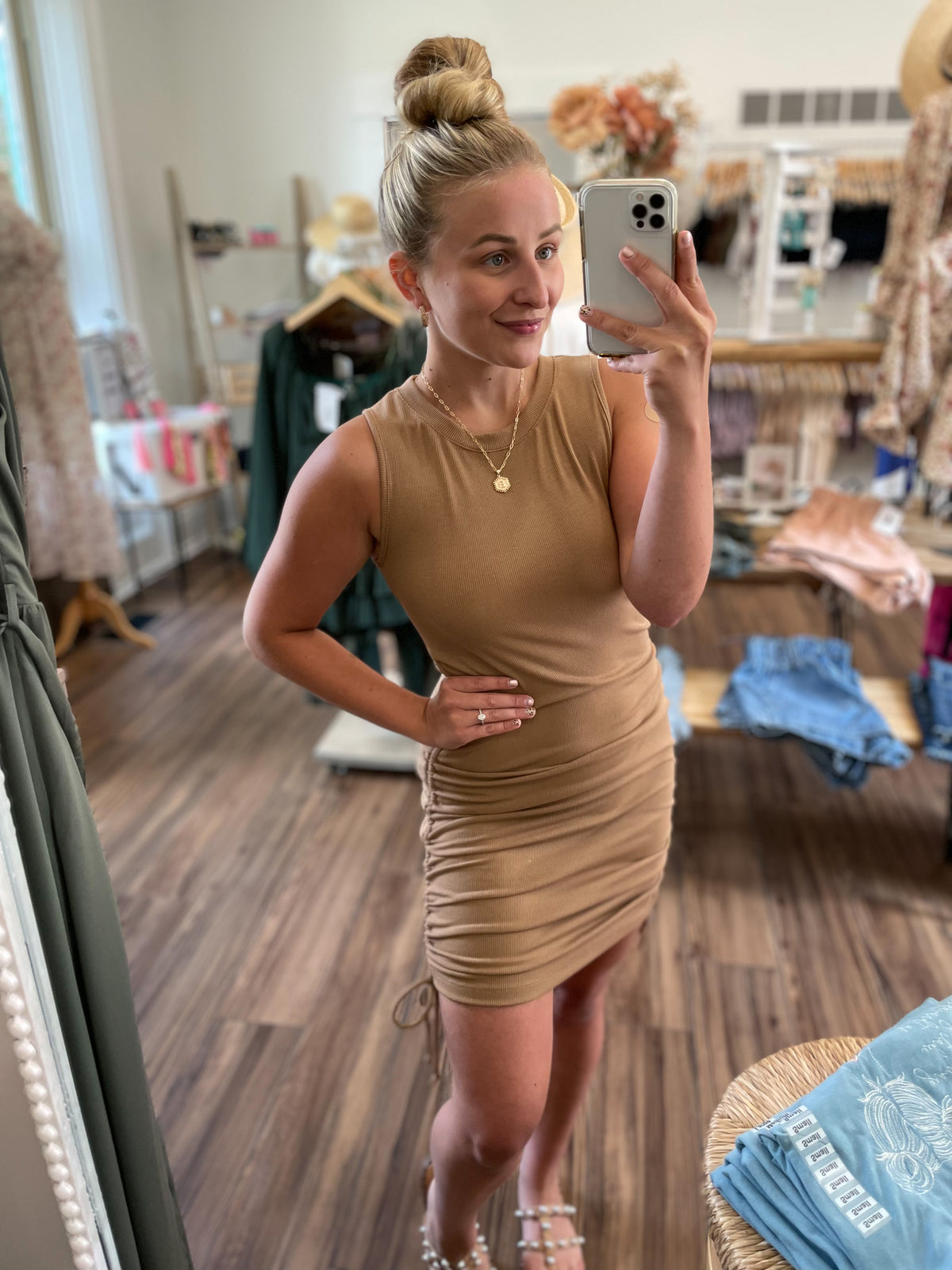 Bryn Ribbed Mini Dress-Camel