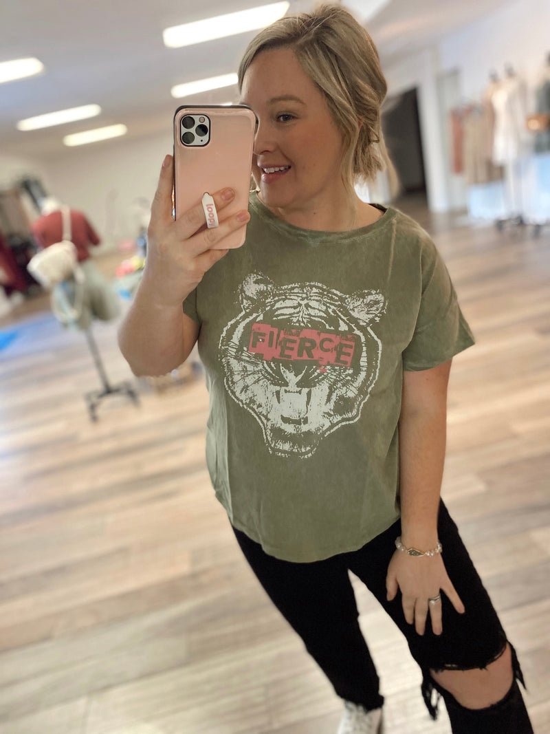 Fierce Tiger Vintage-Wash Graphic Tee-Green