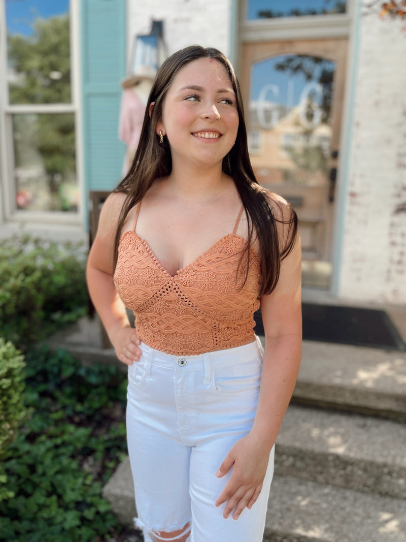 Spice It Up Lace Cropped Top-Clay