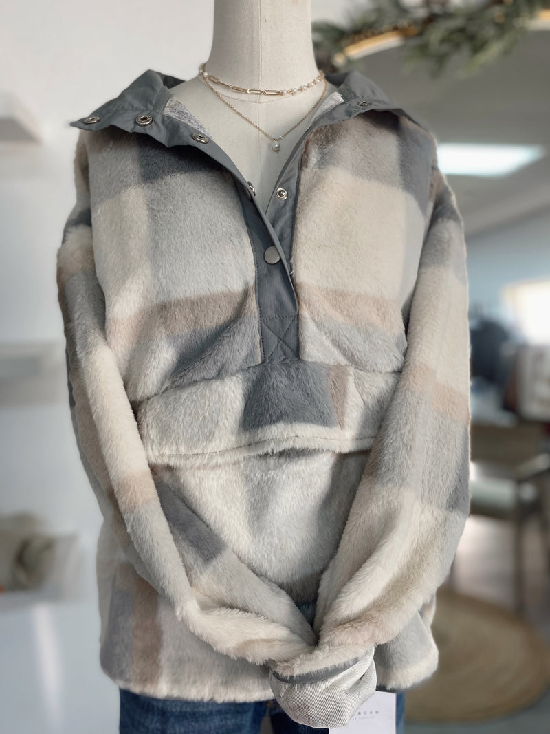 Get Cozy Plaid Pullover- Cream/Grey
