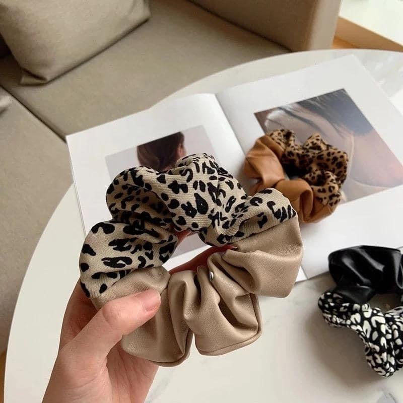 Leopard Leather Scrunchie- Beige