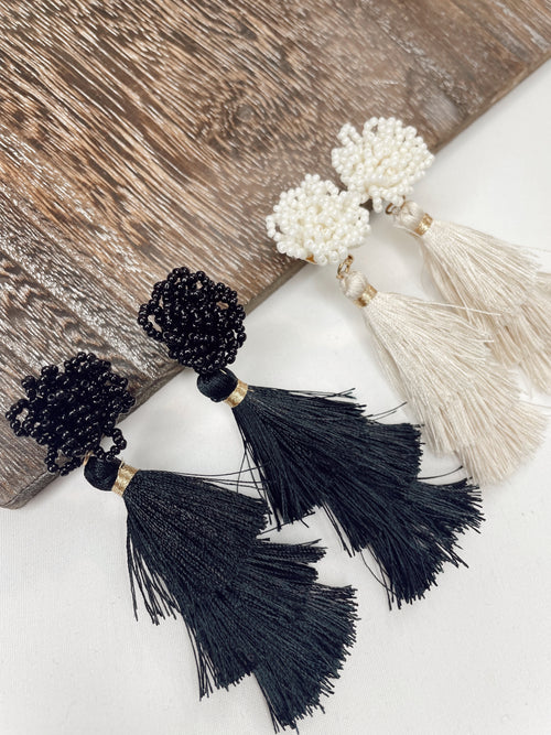 Bead & Long Tassel Earrings-Black