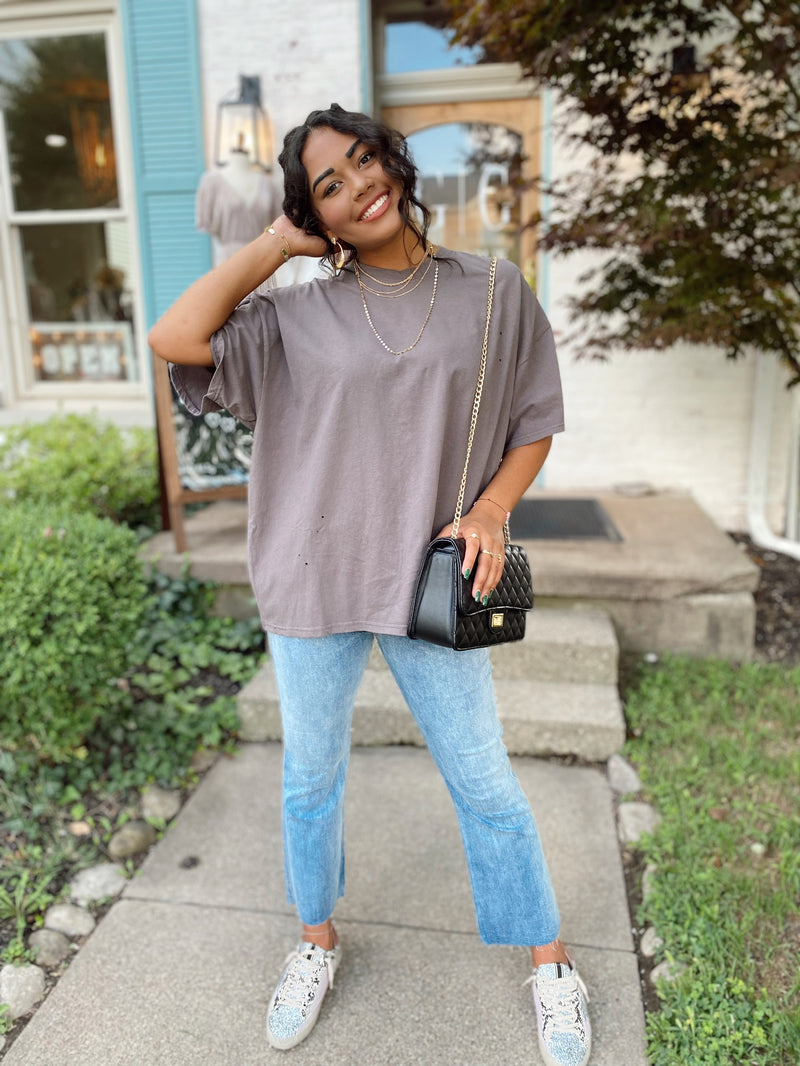 Dallas Distressed Oversized Top-Charcaol
