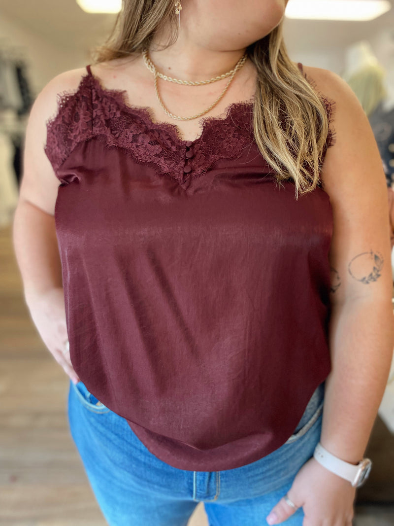 Curvy Chantria Button Detail Satin Cami-Wine