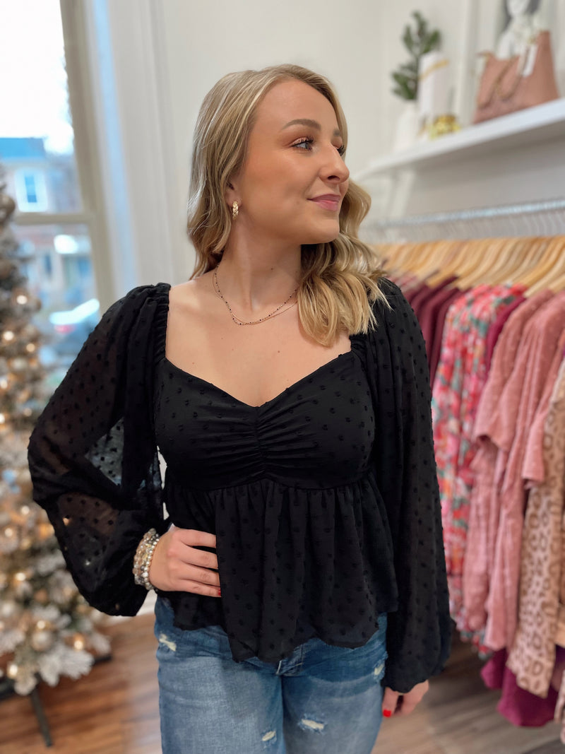 Posh Polka Dot Texture Top-Black