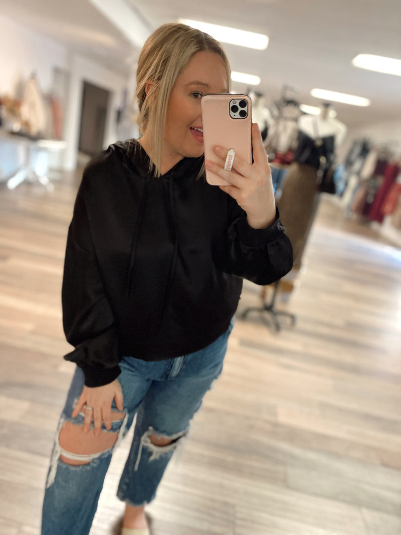 In Your Arms Satin Hoodie-Black