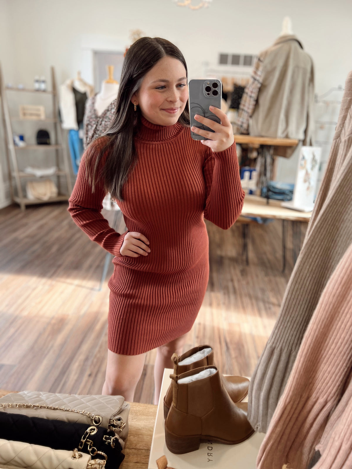 I'm Your Girl Rib Knit Sweater Dress-Cinnamon