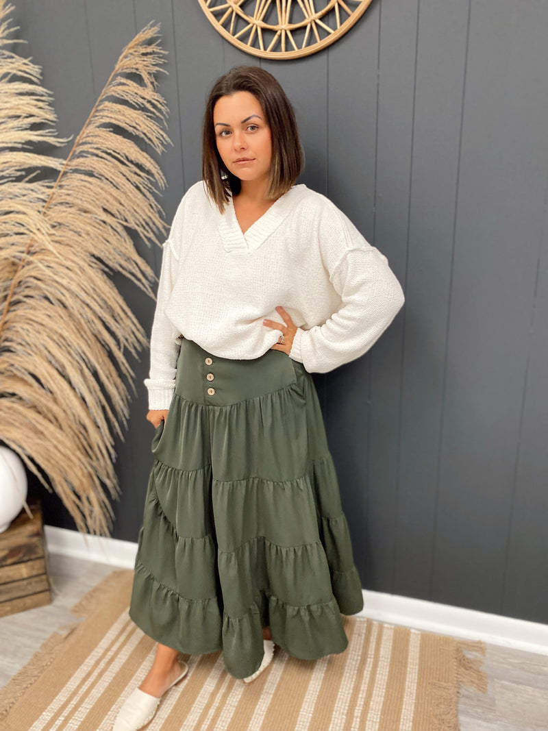 Faith Button Down Waist Maxi Skirt-Dark Olive