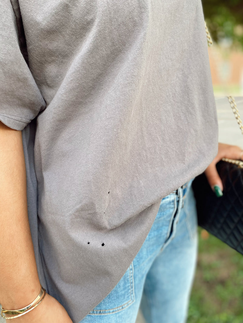 Dallas Distressed Oversized Top-Charcaol