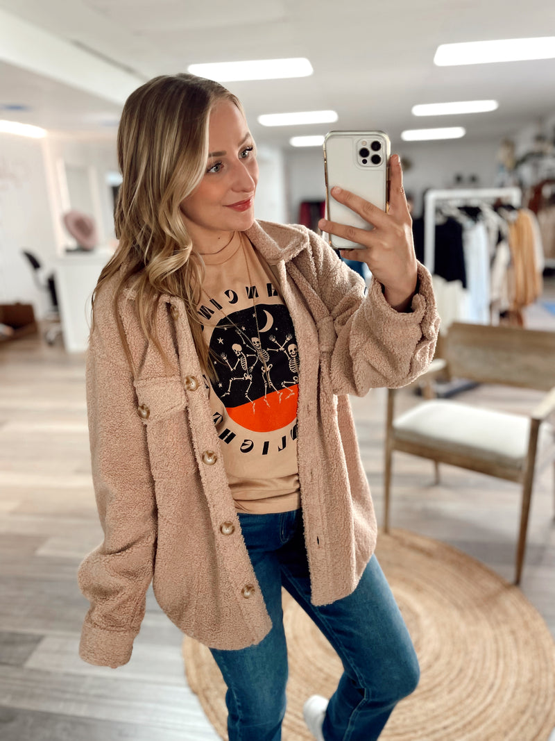 Teddy Bear Button Up Shacket- Milk Tea