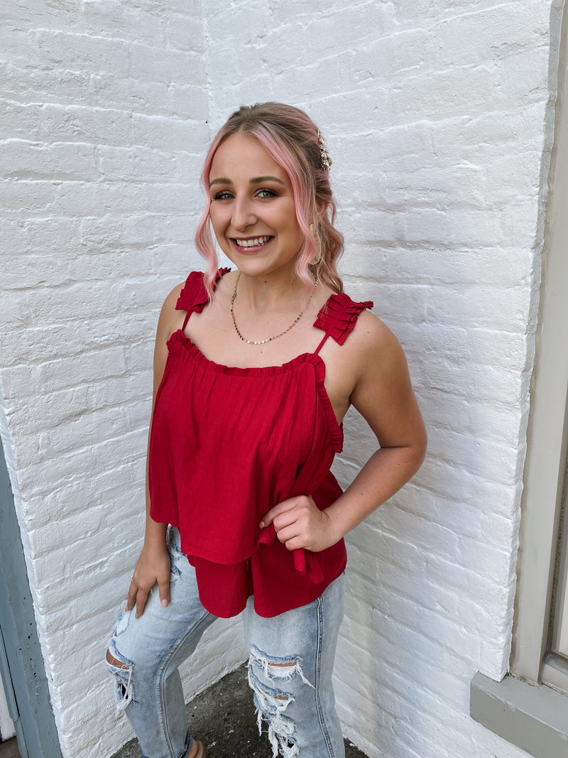 Tiered Pleated Strap Tank-Red