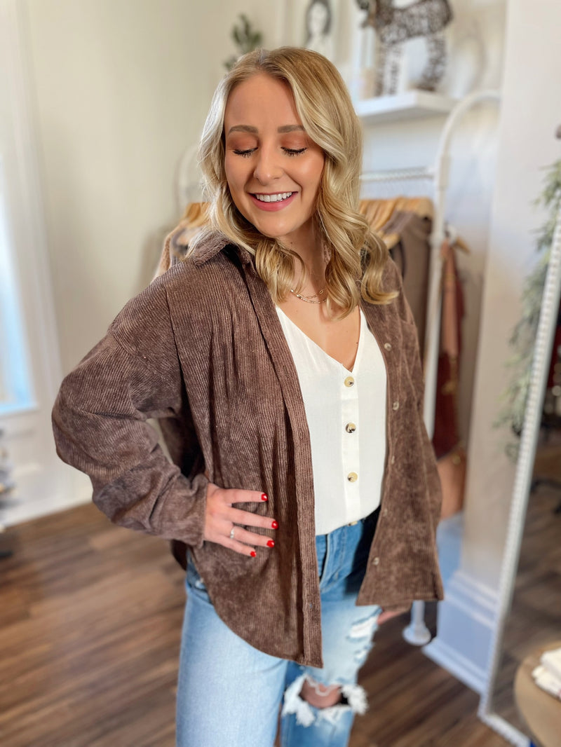 Sophia Corduroy Ribbed Shacket-Chocolate