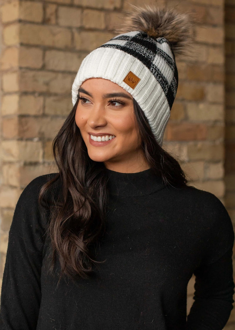 Black/White Buffalo Plaid Knit Pom Hat