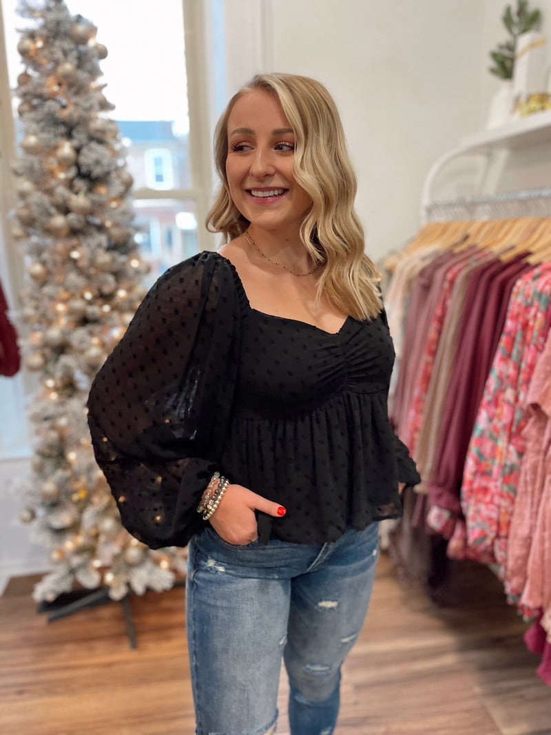 Posh Polka Dot Texture Top-Black