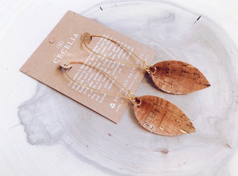 Pinched Gold Cork Leaf Drop Earrings