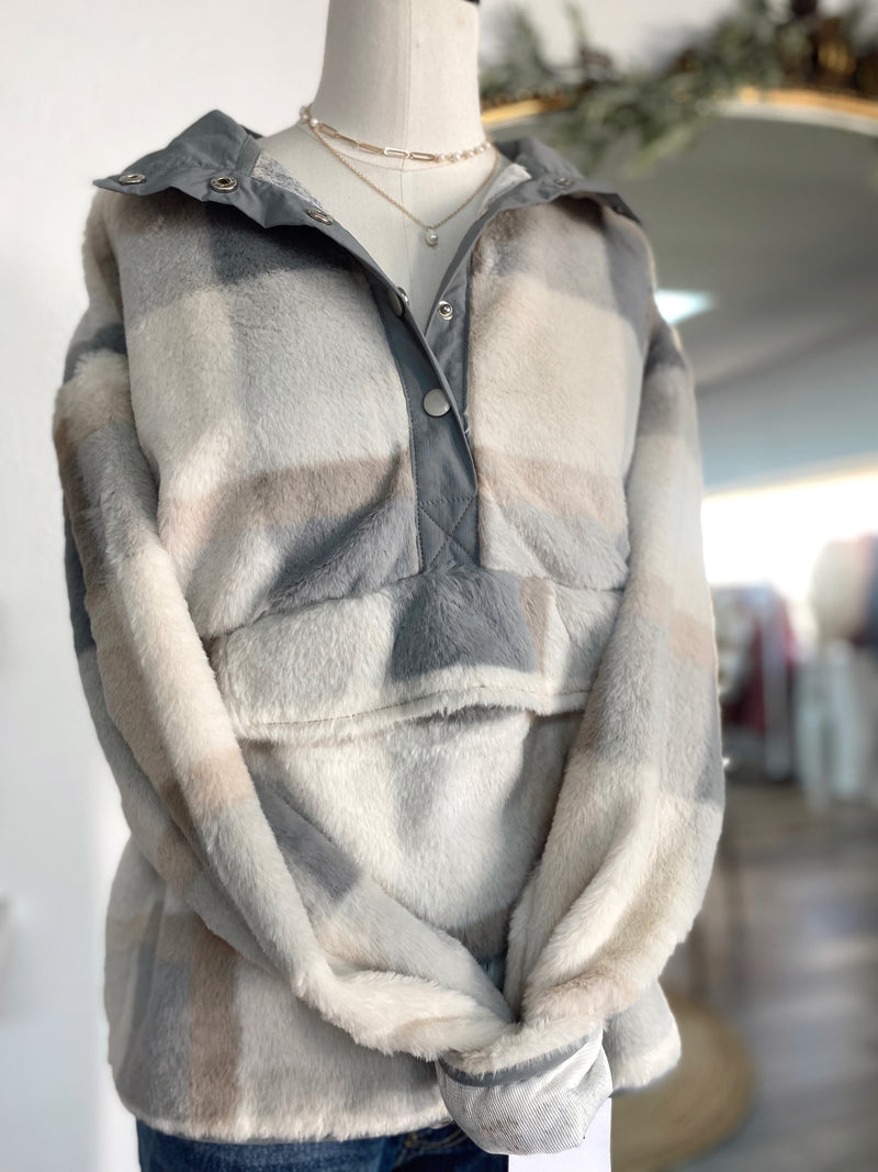 Get Cozy Plaid Pullover- Cream/Grey