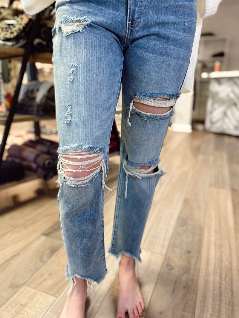 High Rise Distressed Mom Jeans