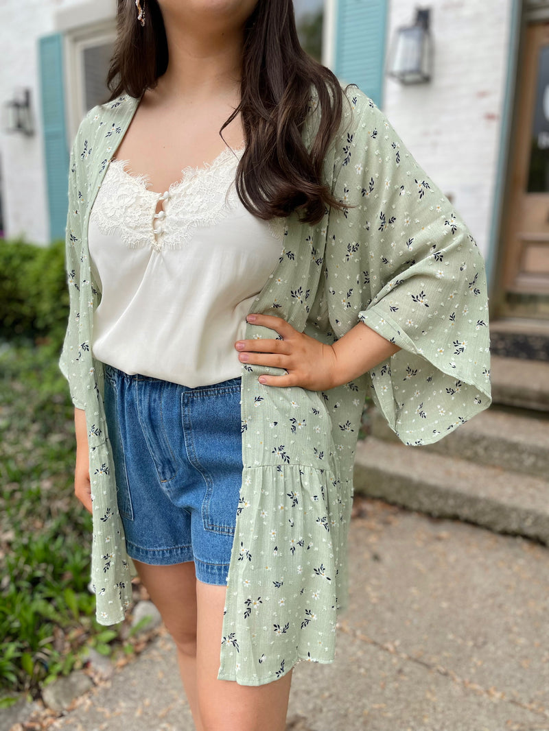 Pretty Lady Floral Cardigan-Sage