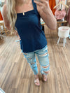 Kailah Linen Textured Square Neck Top-Navy