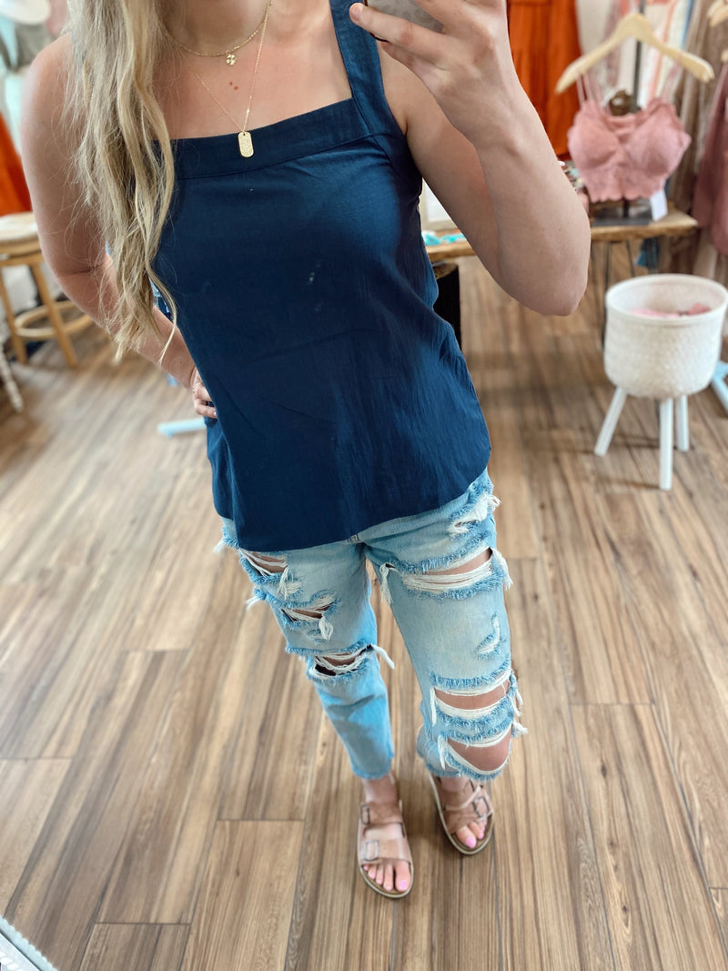 Kailah Linen Textured Square Neck Top-Navy