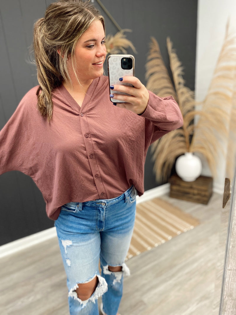 Leslie Button Down Top-Red Bean