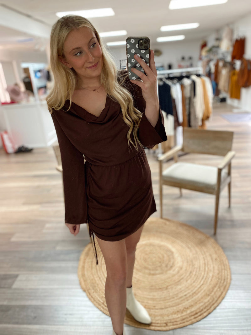Lovely Embrace Ruched Dress-Brown