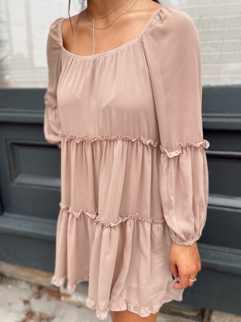 Tiered Ruffle Babydoll Dress-Taupe