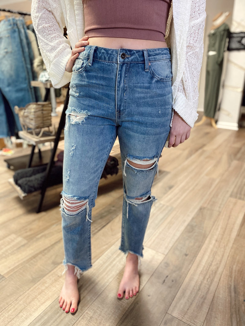 High Rise Distressed Mom Jeans
