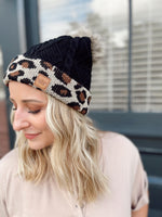 Black W/ Leopard Cuff Pom Hat