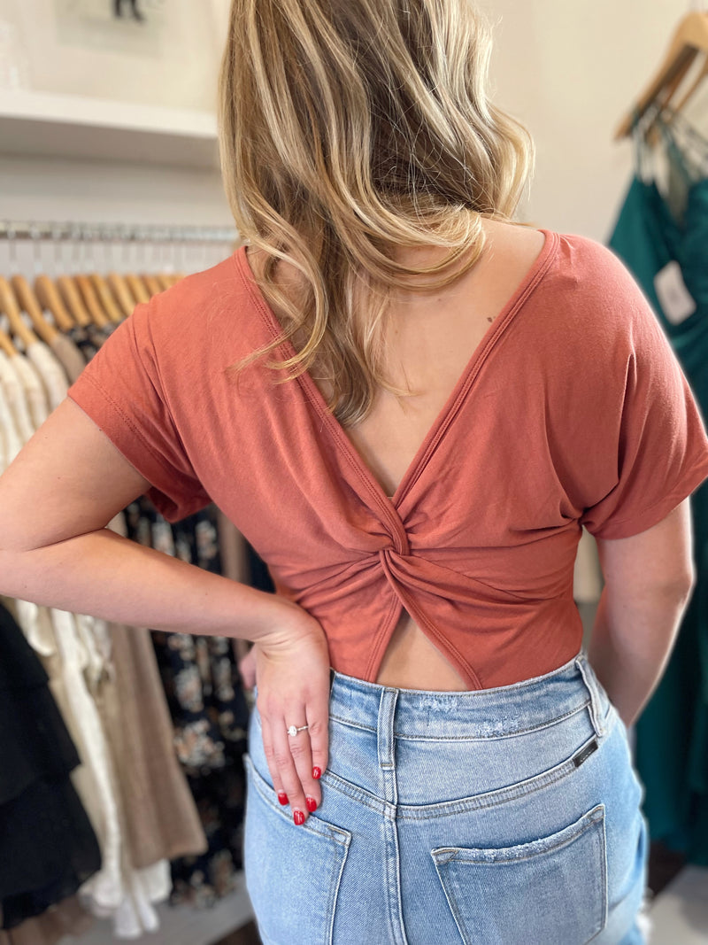 Xena Twist Back Bodysuit-Brick