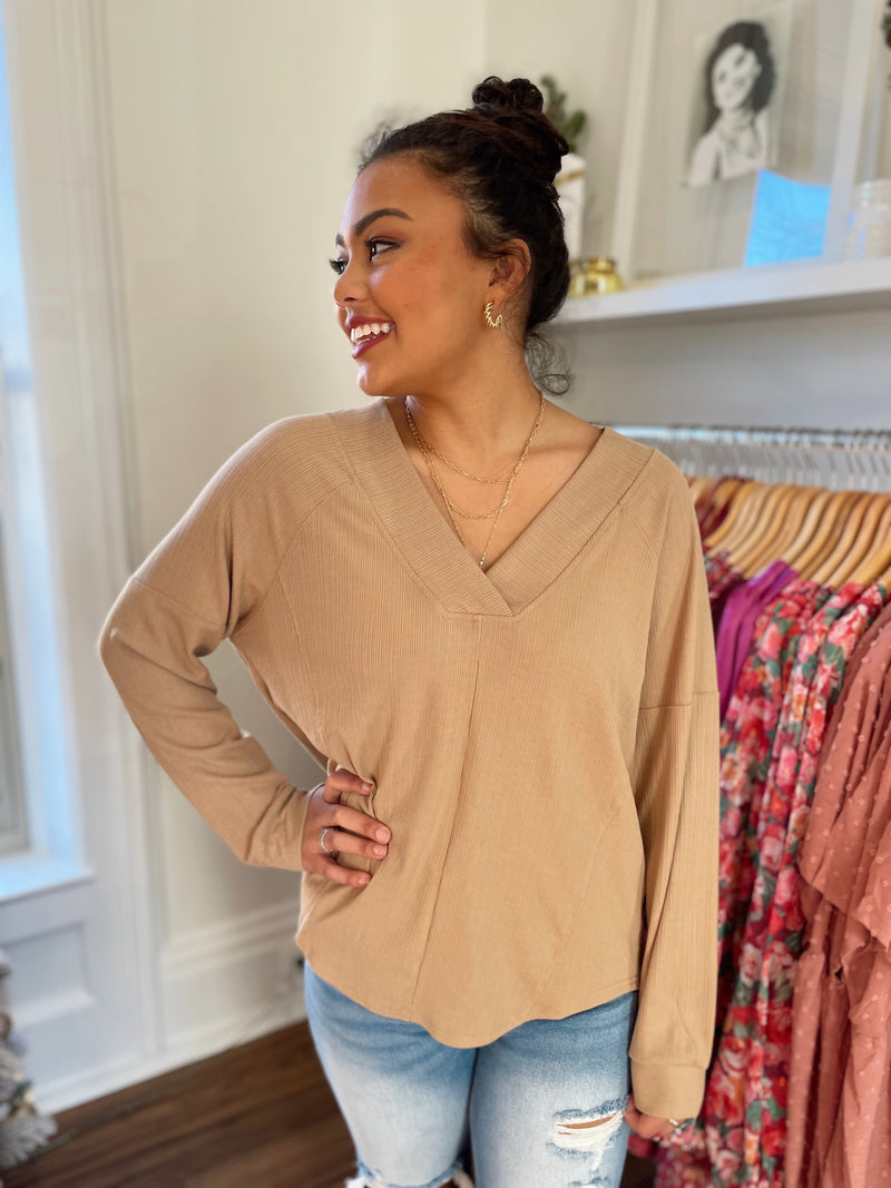 Moia Ribbed V-Neck Top-Mocha