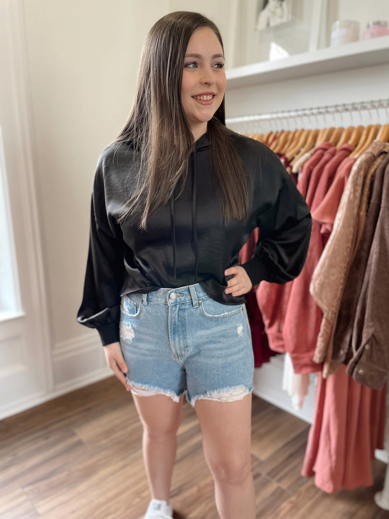 In Your Arms Satin Hoodie-Black