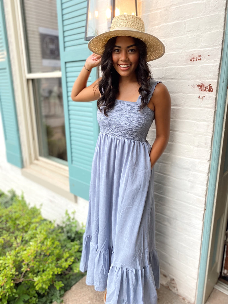 Gracie Smocked Sleeveless Maxi Dress-Elephant Blue