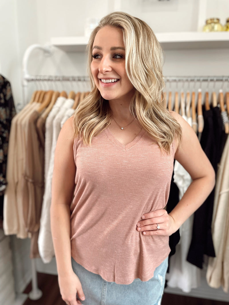 Addy Ribbed Tank Top-Rose