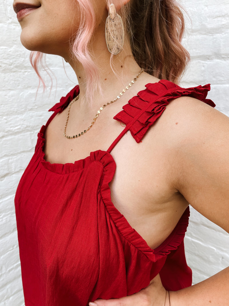 Tiered Pleated Strap Tank-Red