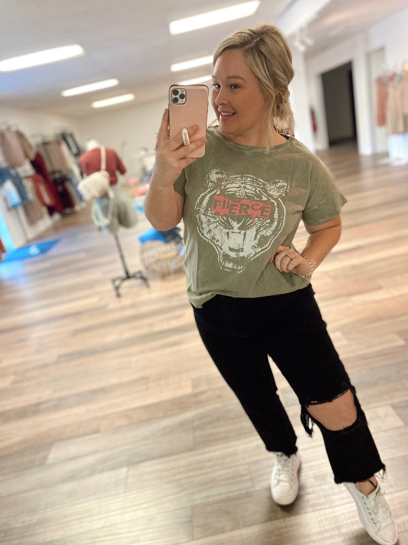 Fierce Tiger Vintage-Wash Graphic Tee-Green