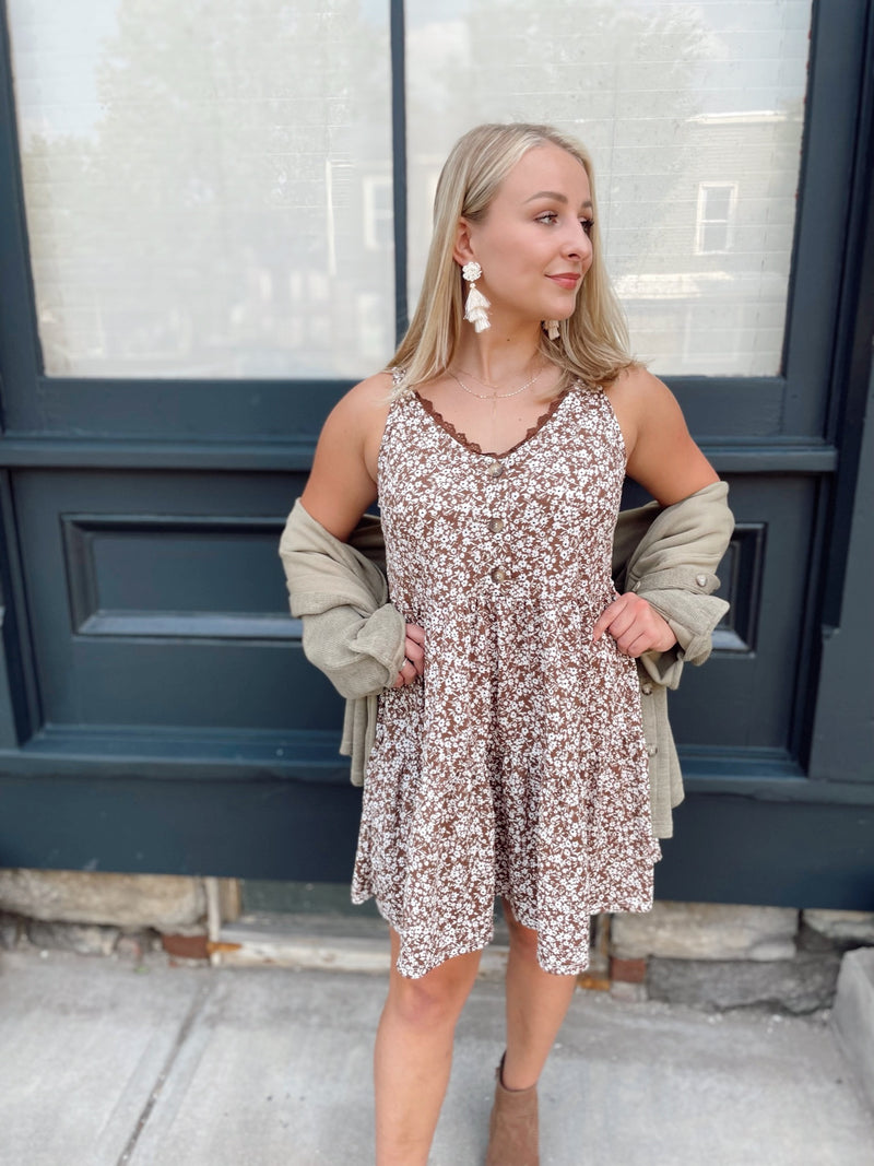 Lenna Floral Tiered Dress- Brown