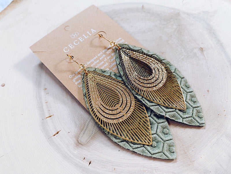 Leather Filagree Earrings-Sage