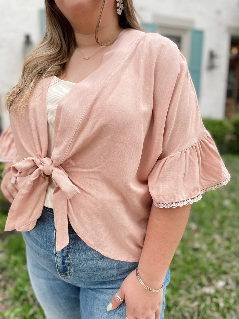 Versatile Tie Front Kimono/Top-Pink