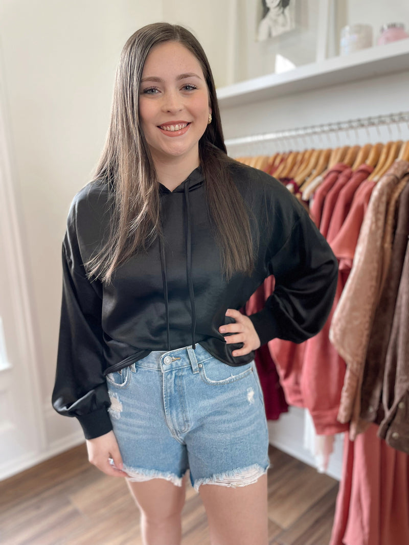 In Your Arms Satin Hoodie-Black