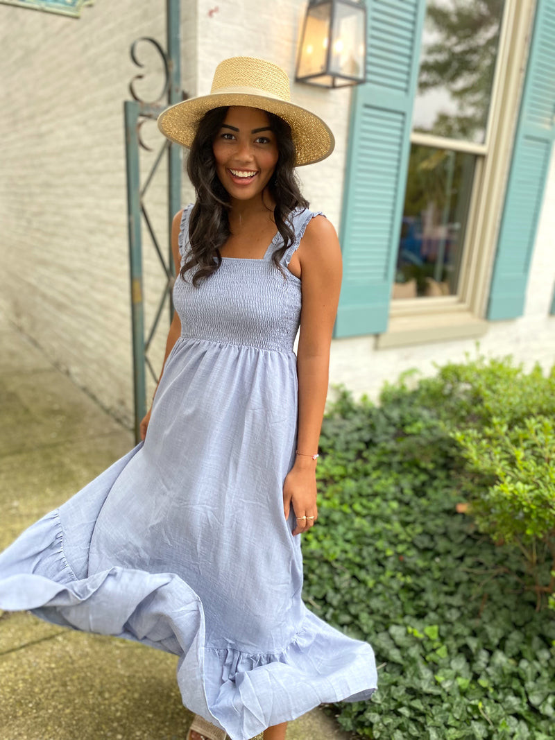 Gracie Smocked Sleeveless Maxi Dress-Elephant Blue
