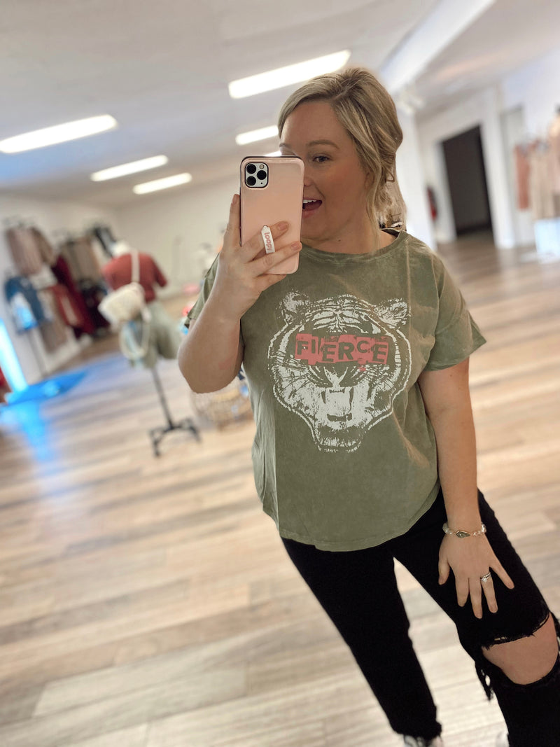 Fierce Tiger Vintage-Wash Graphic Tee-Green