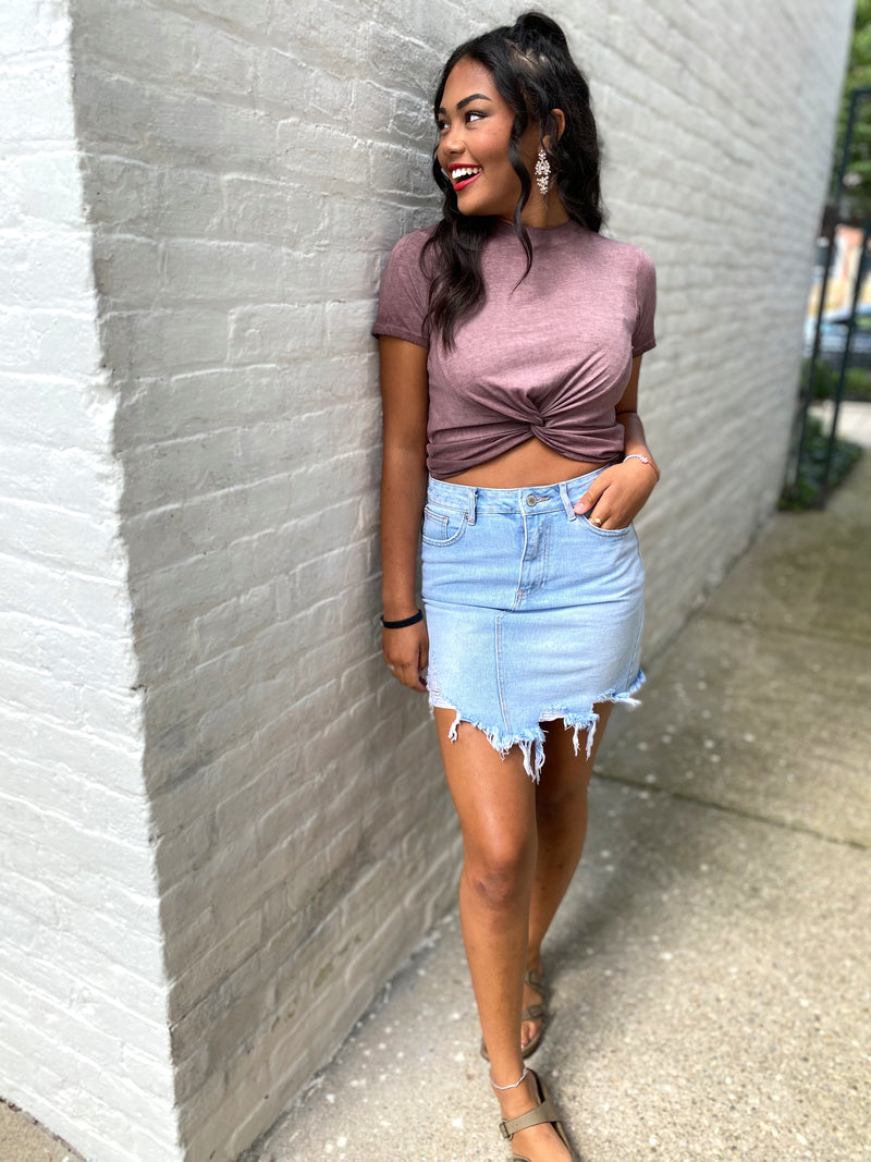 Riya Twist Front Cropped Tee-Burgundy