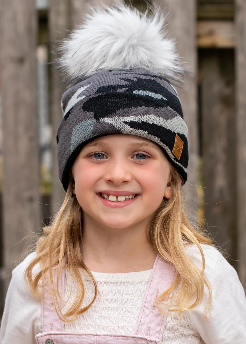 Kids Grey Camo Pom Hat