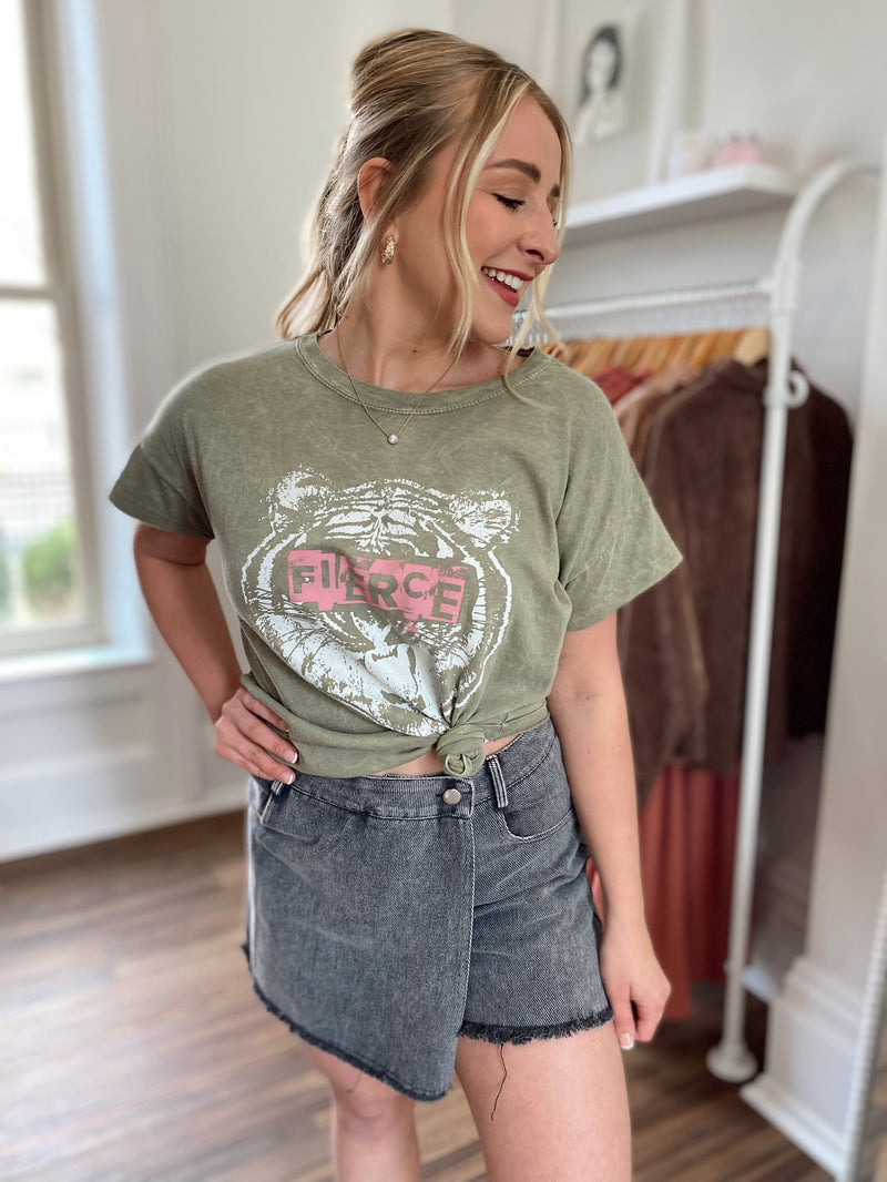 Fierce Tiger Vintage-Wash Graphic Tee-Green