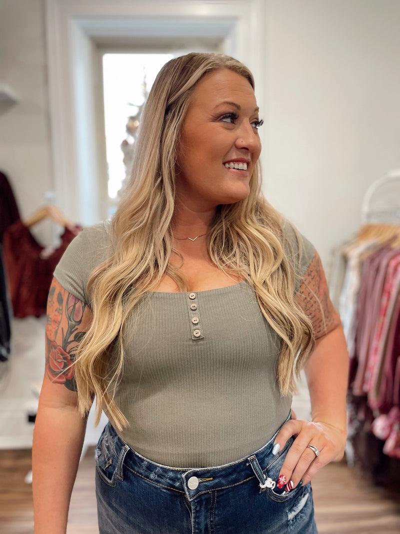 Keily Ribbed Bodysuit-Olive