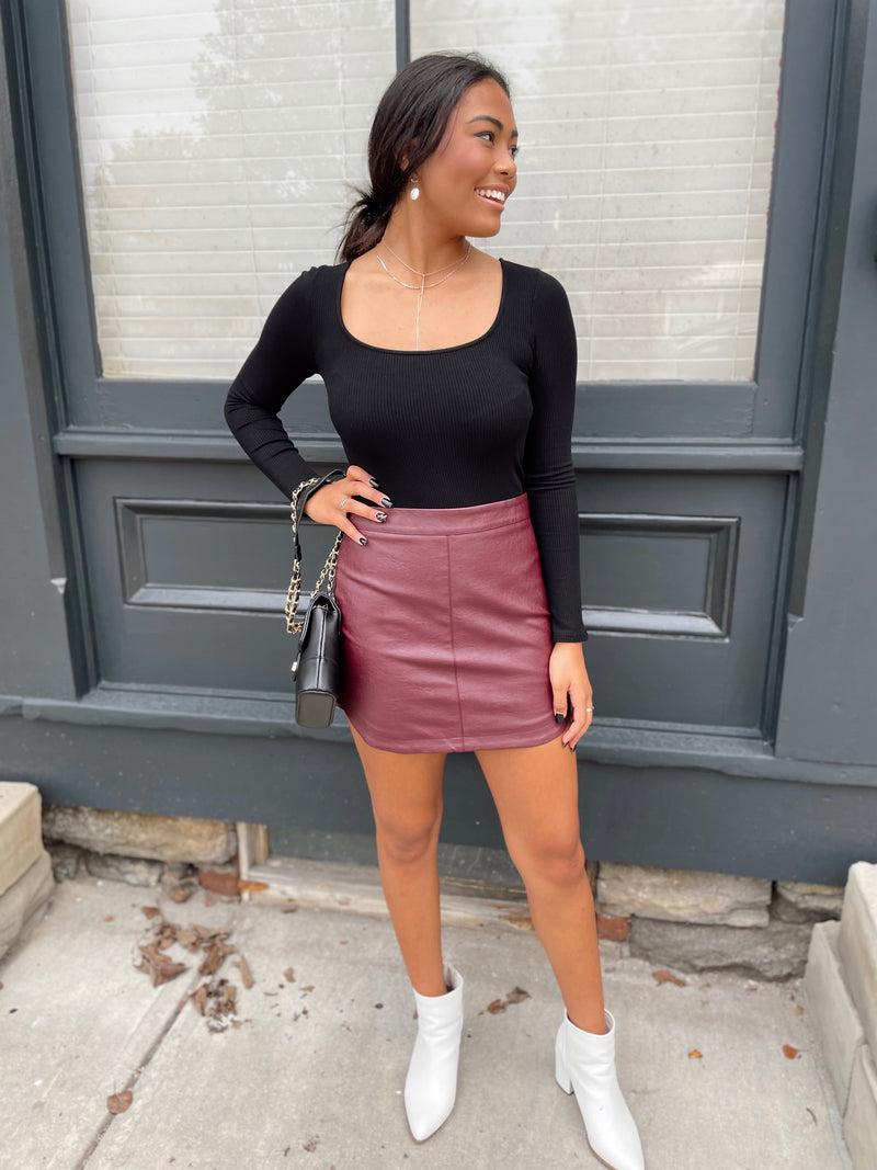 Brinley Leather Skirt-Burgundy