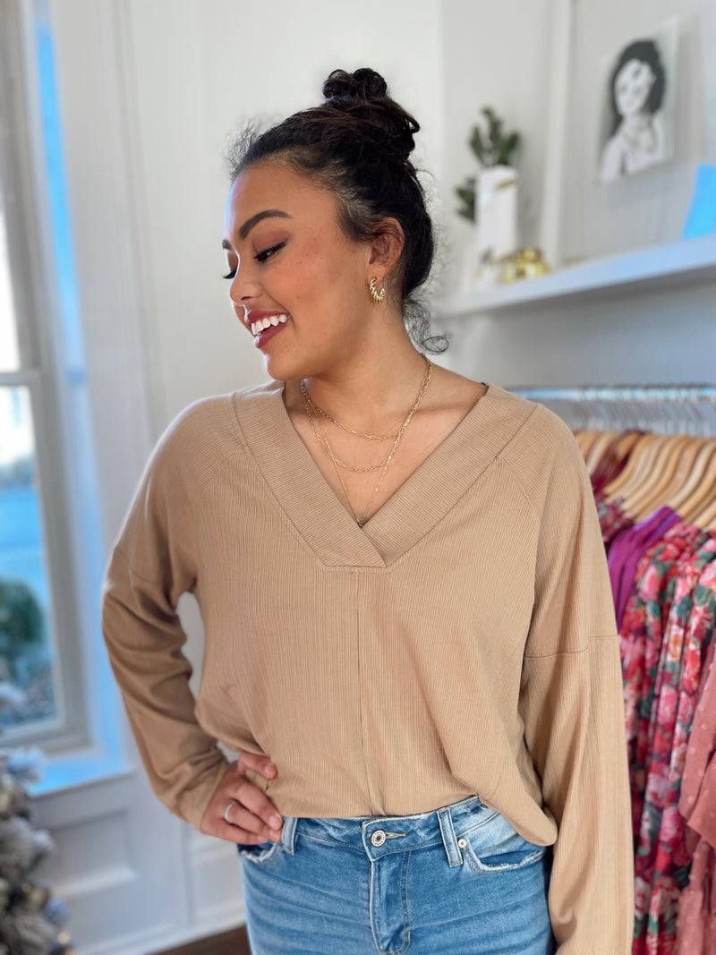 Moia Ribbed V-Neck Top-Mocha