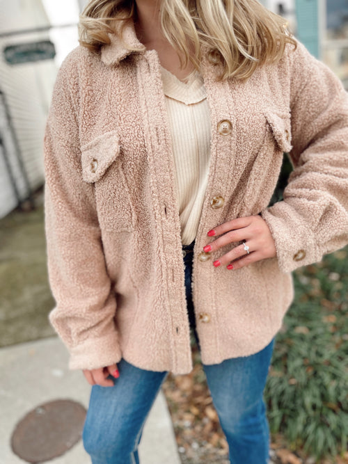 Teddy Bear Button Up Shacket- Milk Tea